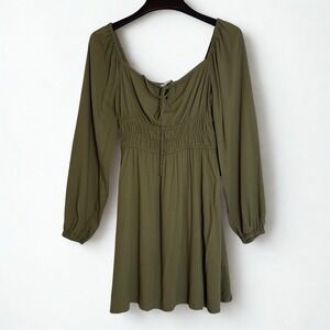 Smocked Mini Dress Long Sleeve Size Small Green/Olive Boho Cottagecore Justfab